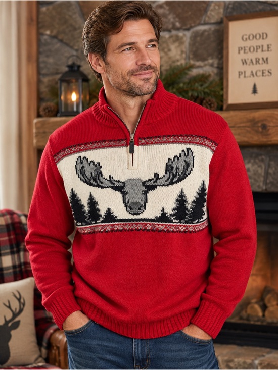 Chaps Other - CHAPS Mens Fair Isle Moose Quarter Zip Sweater Red Nordic Ski Lodge Large
